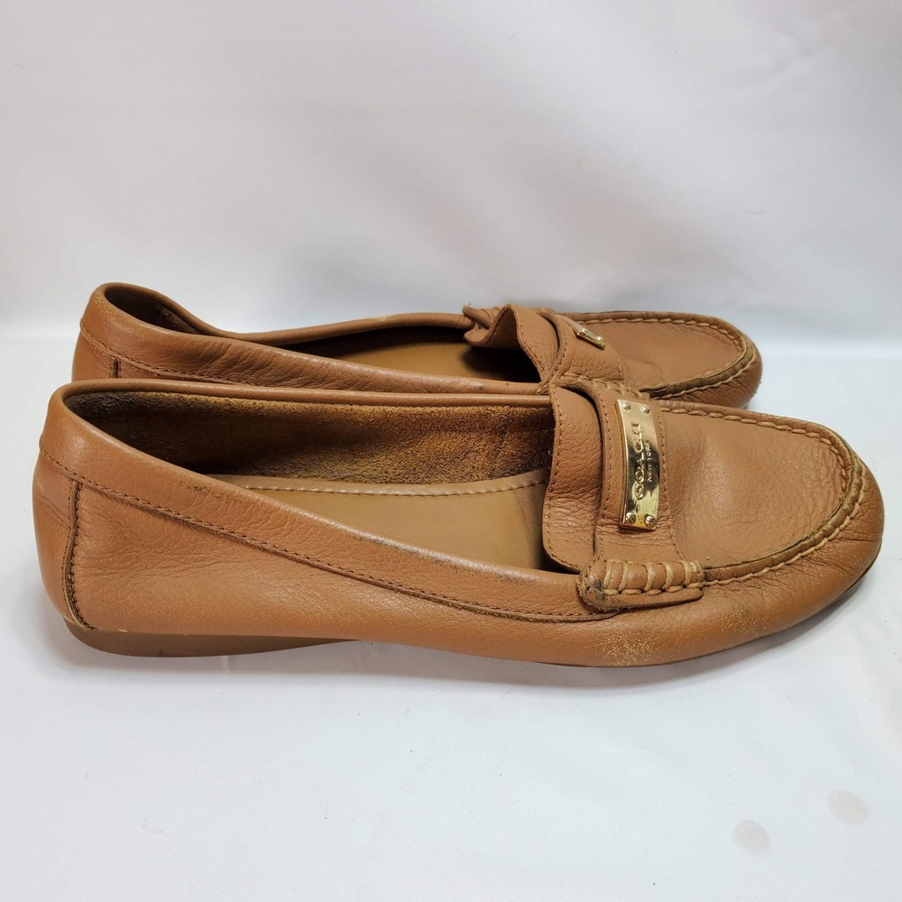 Coach Fredrica Loafers‎ Women 7.5B Tan Leather Gold Logo Driving Moccasins A5175 - Picture 3 of 8